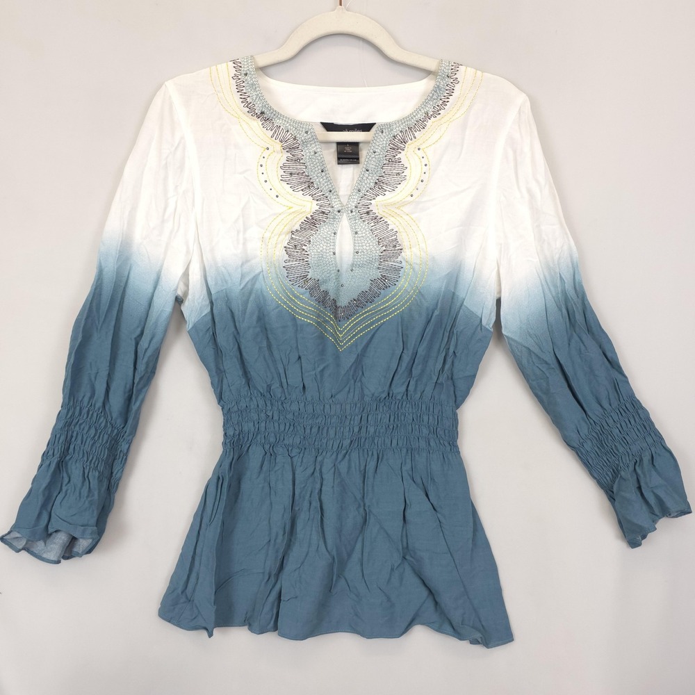 Ali Miles Tunic Top Womens S Ombré Blue White Long Sleeve Embroidered Boho Rayon